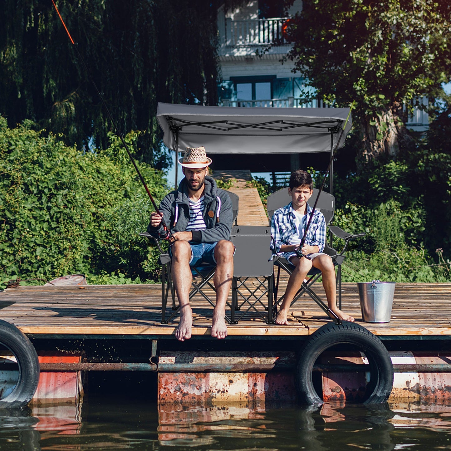 Double Folding Camping Chair with Canopy and Armrests-Grey