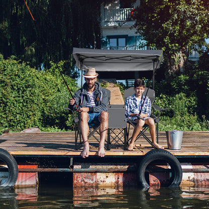 Double Folding Camping Chair with Canopy and Armrests-Grey