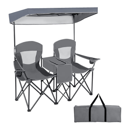 Double Folding Camping Chair with Canopy and Armrests-Grey