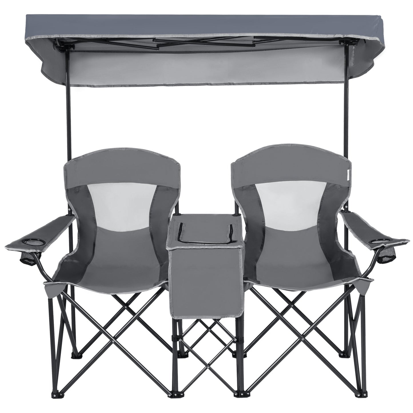 Double Folding Camping Chair with Canopy and Armrests-Grey