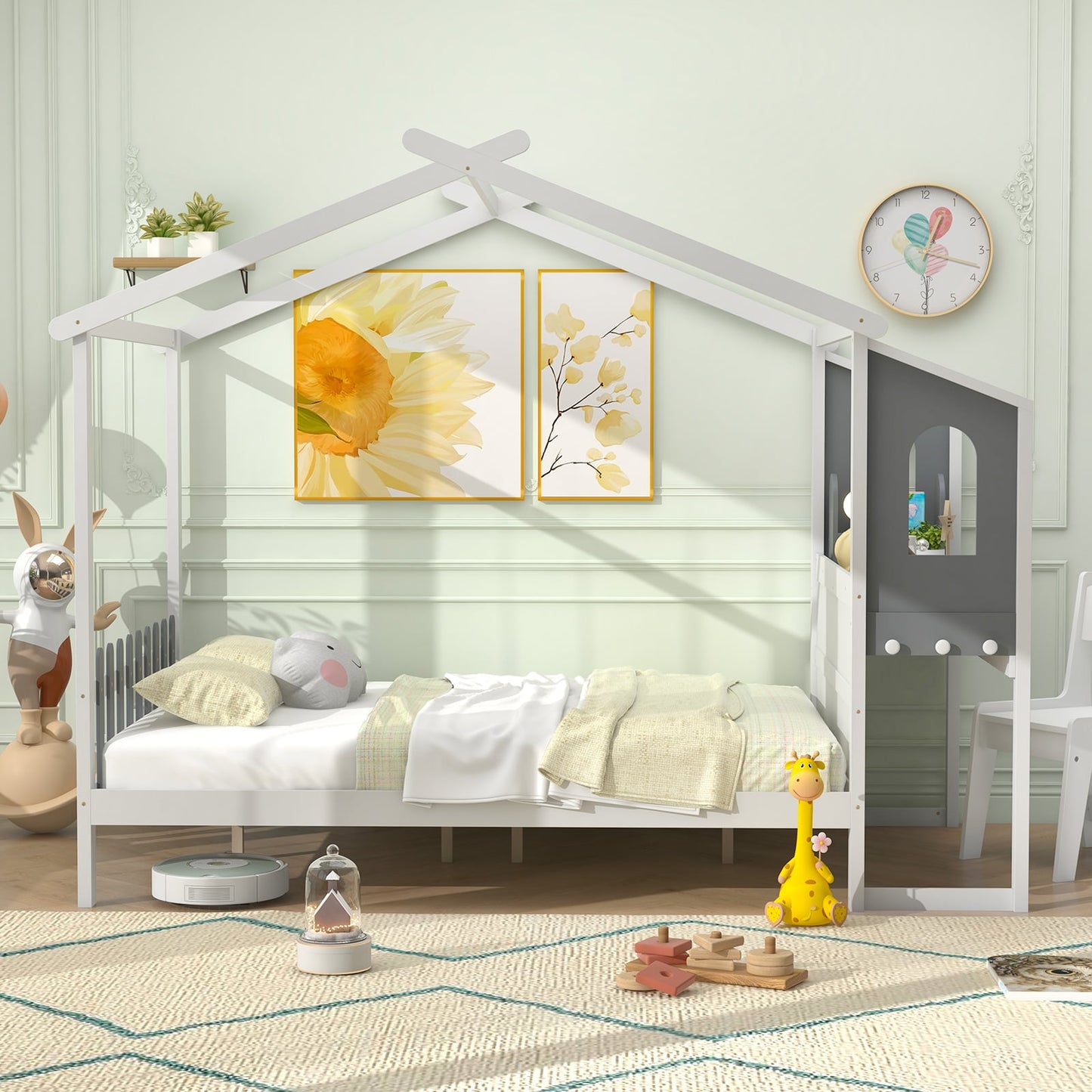Single/Double House Bed Wood Montessori Bed Frame with Desk-Double Size