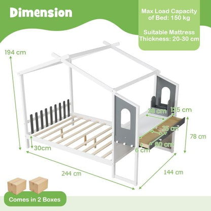 Single/Double House Bed Wood Montessori Bed Frame with Desk-Double Size