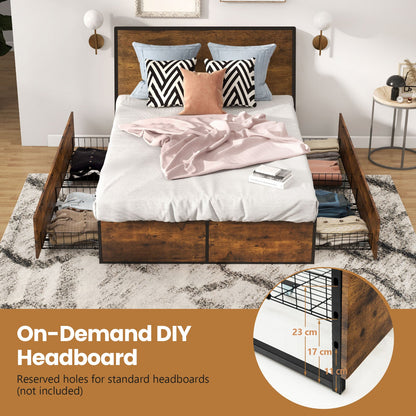 Double Metal Bed Frame with 4 Rolling Underbed Storage Drawers-190 x 135 x 33 cm