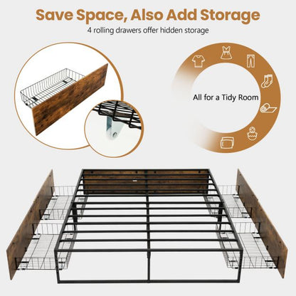 Double Metal Bed Frame with 4 Rolling Underbed Storage Drawers-190 x 135 x 33 cm