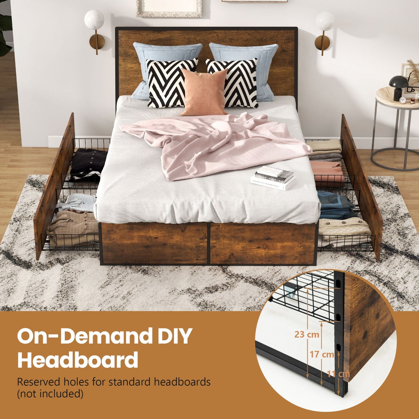 Double Metal Bed Frame with 4 Rolling Underbed Storage Drawers-190 x 120 x 33 cm