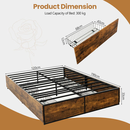 Double Metal Bed Frame with 4 Rolling Underbed Storage Drawers-190 x 120 x 33 cm
