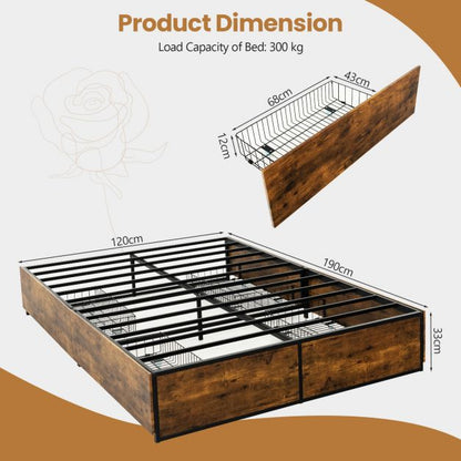 Double Metal Bed Frame with 4 Rolling Underbed Storage Drawers-190 x 120 x 33 cm