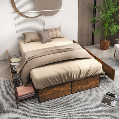 Double Metal Bed Frame with 4 Rolling Underbed Storage Drawers-190 x 120 x 33 cm