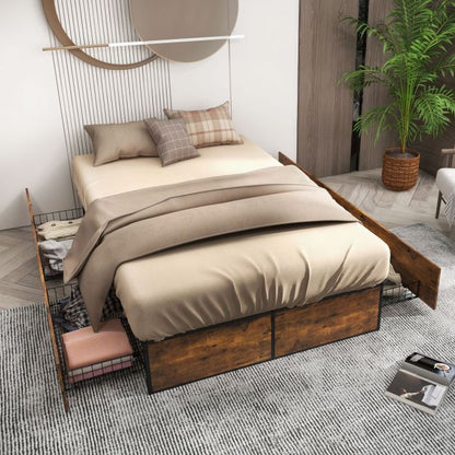 Double Metal Bed Frame with 4 Rolling Underbed Storage Drawers-190 x 120 x 33 cm