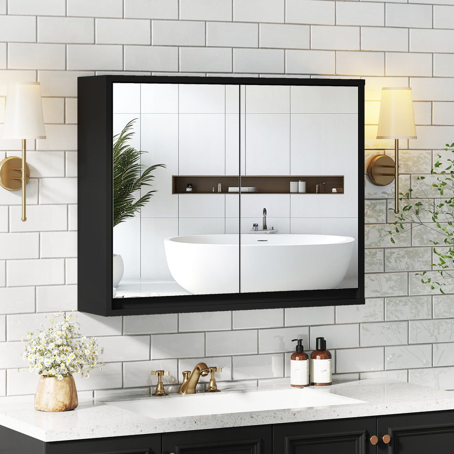Double Mirrored Door Cabinet with Storage Shelf for Bathroom-Black