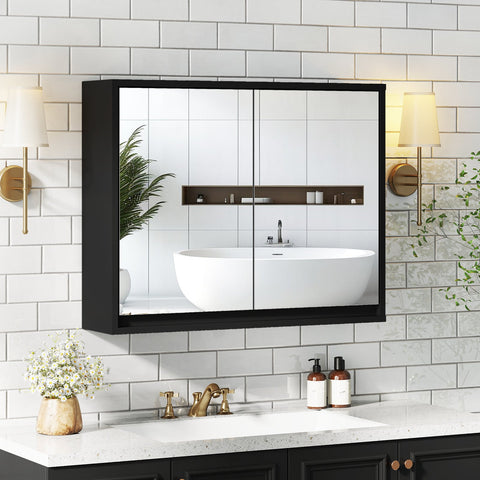 Double Mirrored Door Cabinet with Storage Shelf for Bathroom-Black