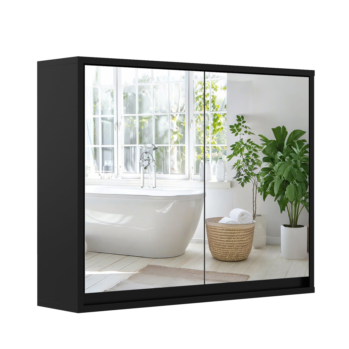 Double Mirrored Door Cabinet with Storage Shelf for Bathroom-Black
