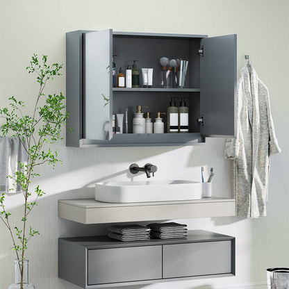 Double Mirrored Door Cabinet with Storage Shelf for Bathroom-Grey