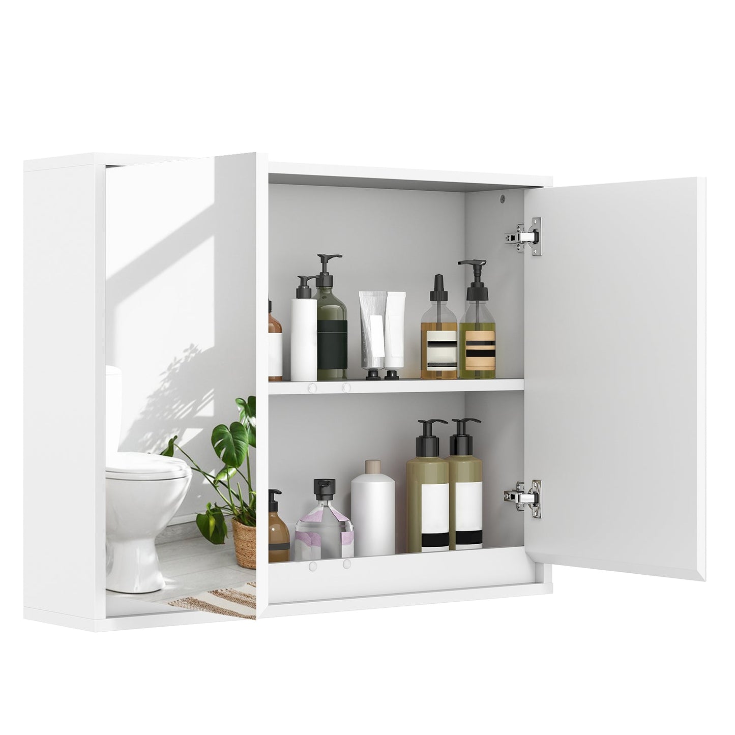Double Mirrored Door Cabinet with Storage Shelf for Bathroom-White