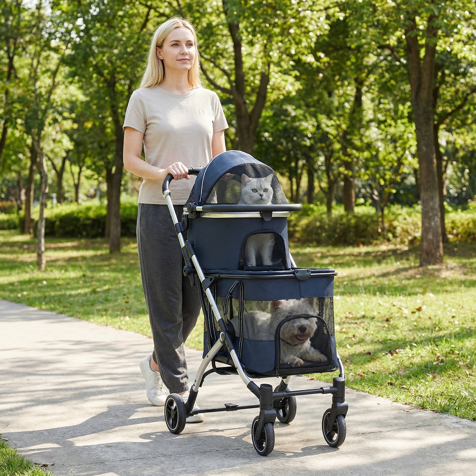 Double Pet Stroller with 2 Detachable Carriers 4-in-1 Foldable Dog Jogger Car Seat-Navy
