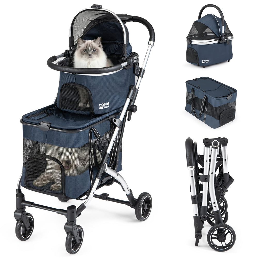 Double Pet Stroller with 2 Detachable Carriers 4-in-1 Foldable Dog Jogger Car Seat-Navy