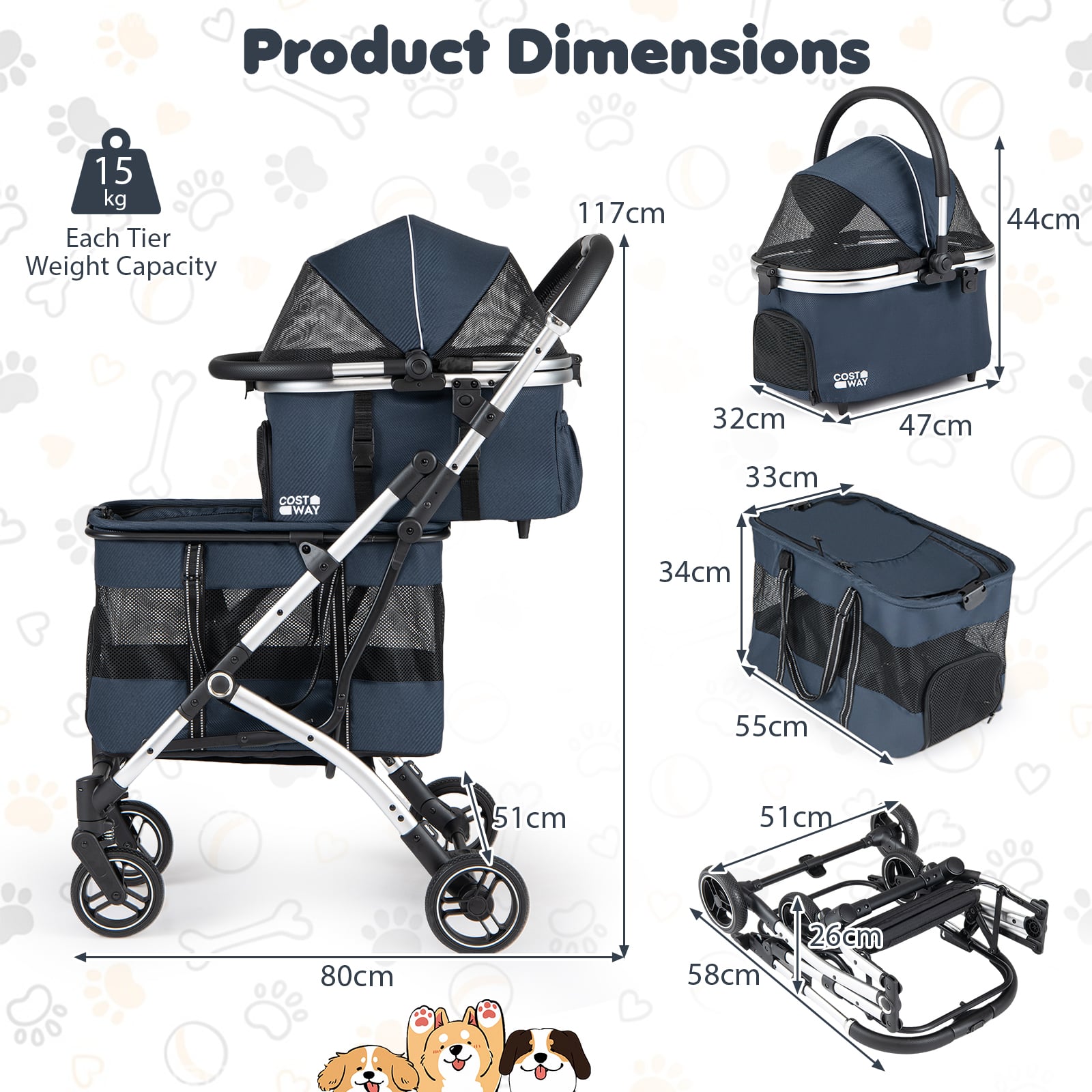 double pet stroller uk Double Pet Stroller with 2 Detachable Carriers 4-in-1 Foldable Dog Jog – Furniture Gold