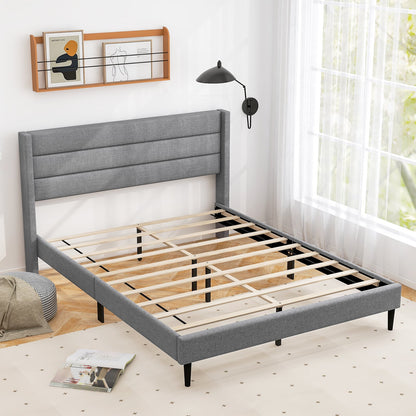Single/Double Size Bed Frame with Wingback Headboard and Wooden Slats Support-Grey-Double Size