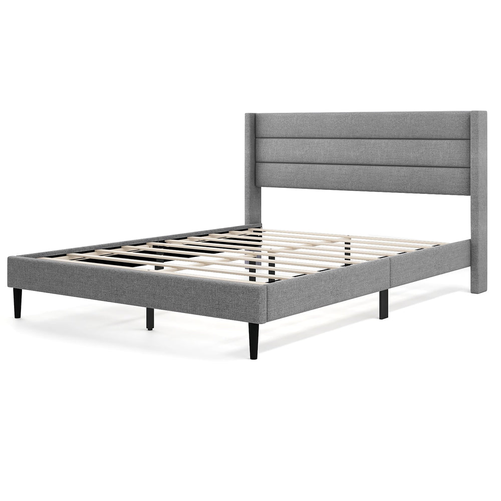 Single/Double Size Bed Frame with Wingback Headboard and Wooden Slats Support-Grey-Double Size