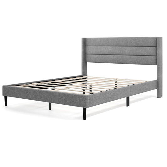 Single/Double Size Bed Frame with Wingback Headboard and Wooden Slats Support-Grey-Double Size