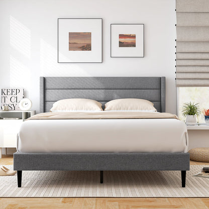 Single/Double Size Bed Frame with Wingback Headboard and Wooden Slats Support-Grey-Double Size