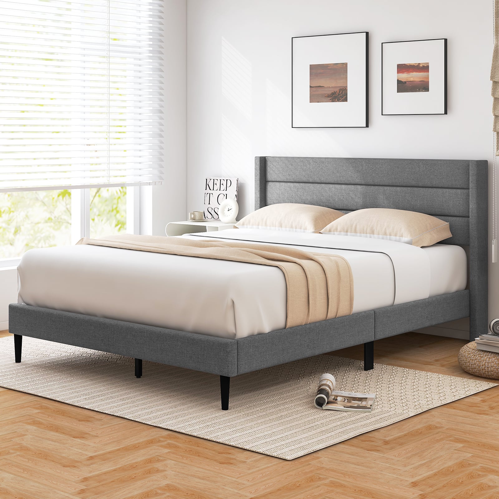 Single/Double Size Bed Frame with Wingback Headboard and Wooden Slats Support-Grey-Double Size