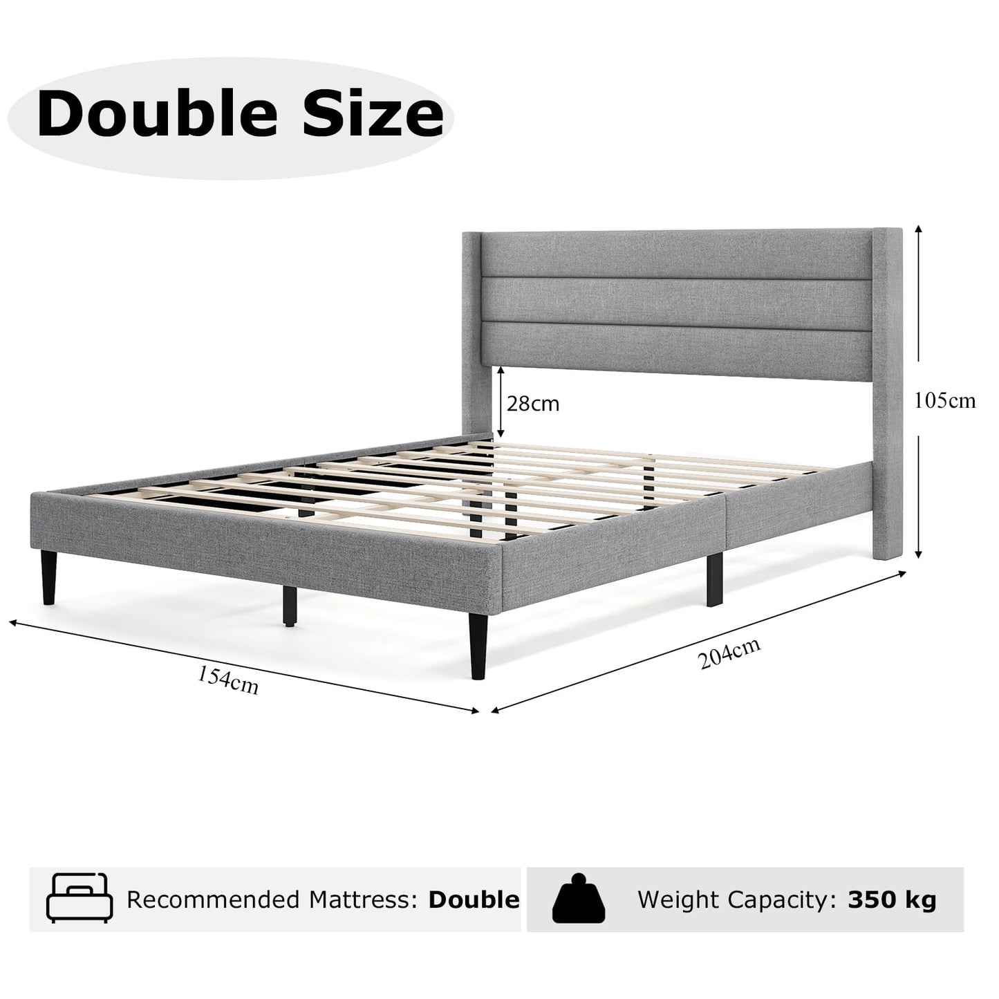 Single/Double Size Bed Frame with Wingback Headboard and Wooden Slats Support-Grey-Double Size