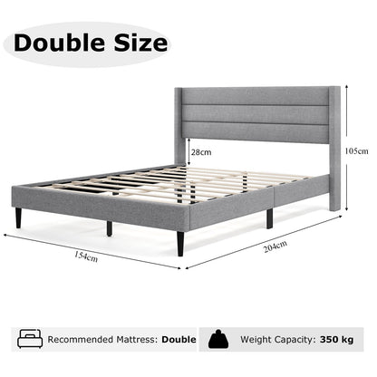 Single/Double Size Bed Frame with Wingback Headboard and Wooden Slats Support-Grey-Double Size