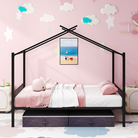 Double Size House Bed with 2 Drawers No Box Spring Needed-Black