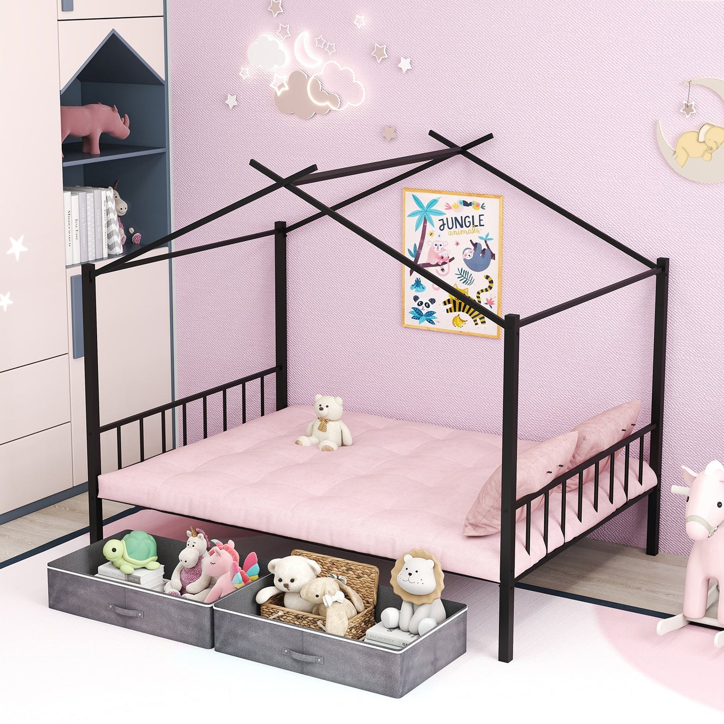 Double Size House Bed with 2 Drawers No Box Spring Needed-Black