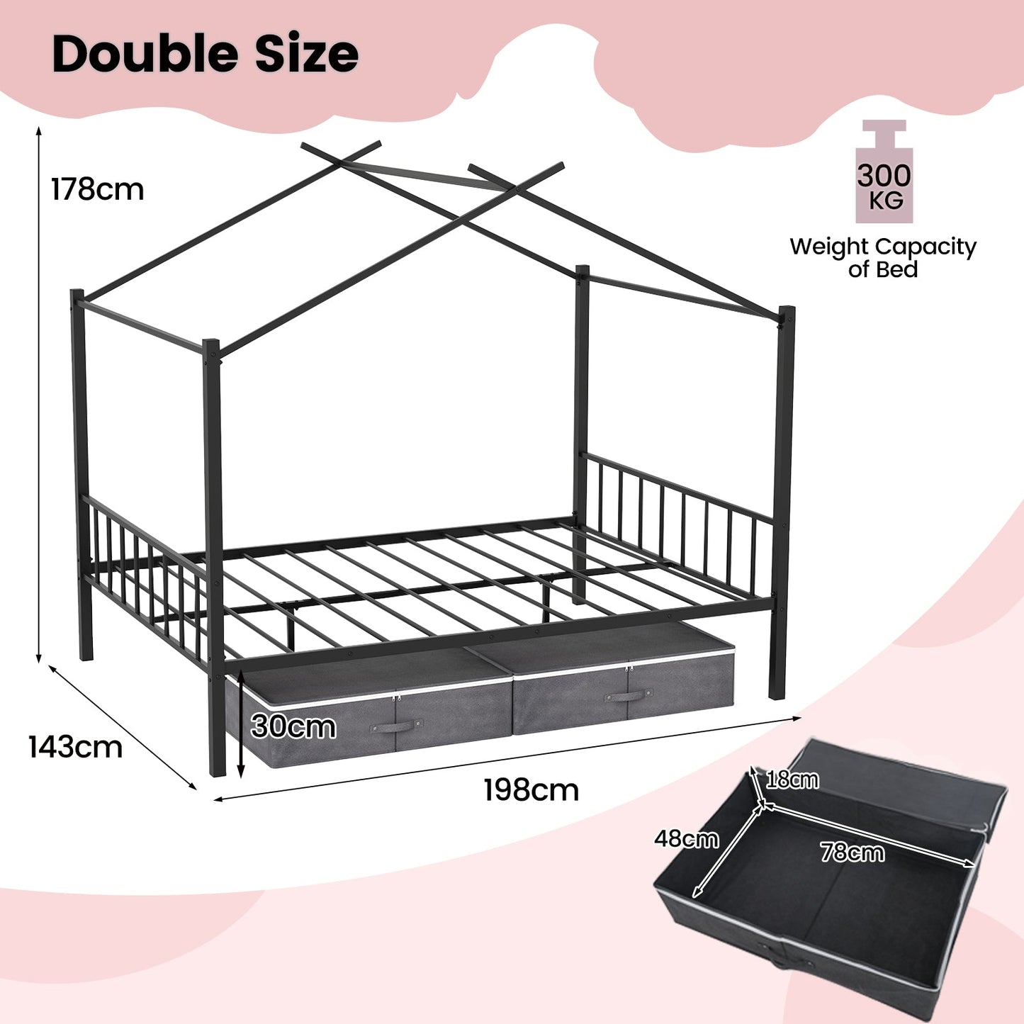 Double Size House Bed with 2 Drawers No Box Spring Needed-Black