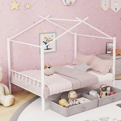 Double Size House Bed with 2 Drawers No Box Spring Needed-White