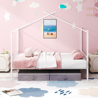 Double Size House Bed with 2 Drawers No Box Spring Needed-White