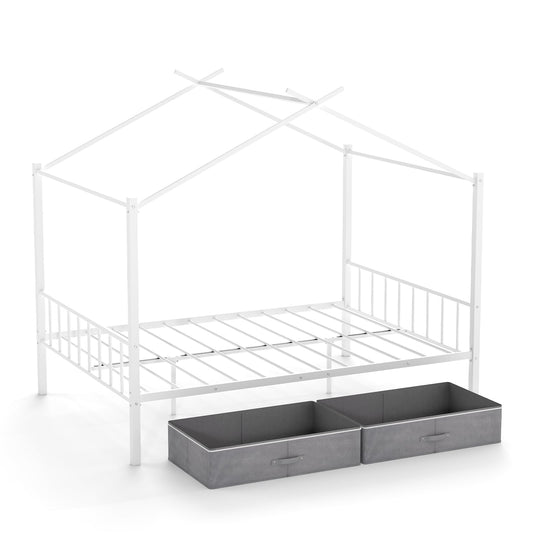 Double Size House Bed with 2 Drawers No Box Spring Needed-White
