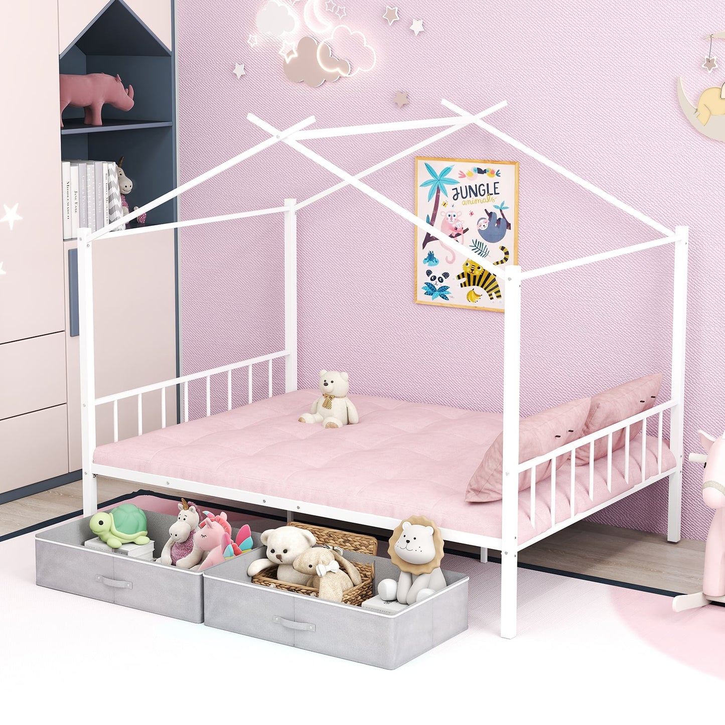 Double Size House Bed with 2 Drawers No Box Spring Needed-White