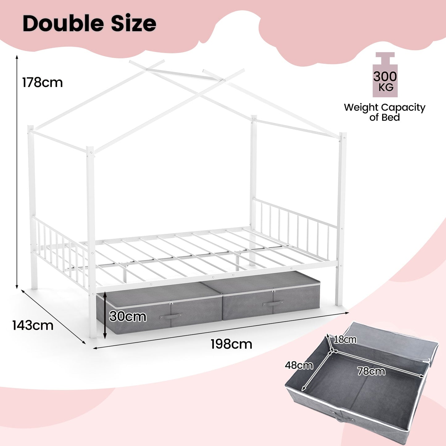 Double Size House Bed with 2 Drawers No Box Spring Needed-White