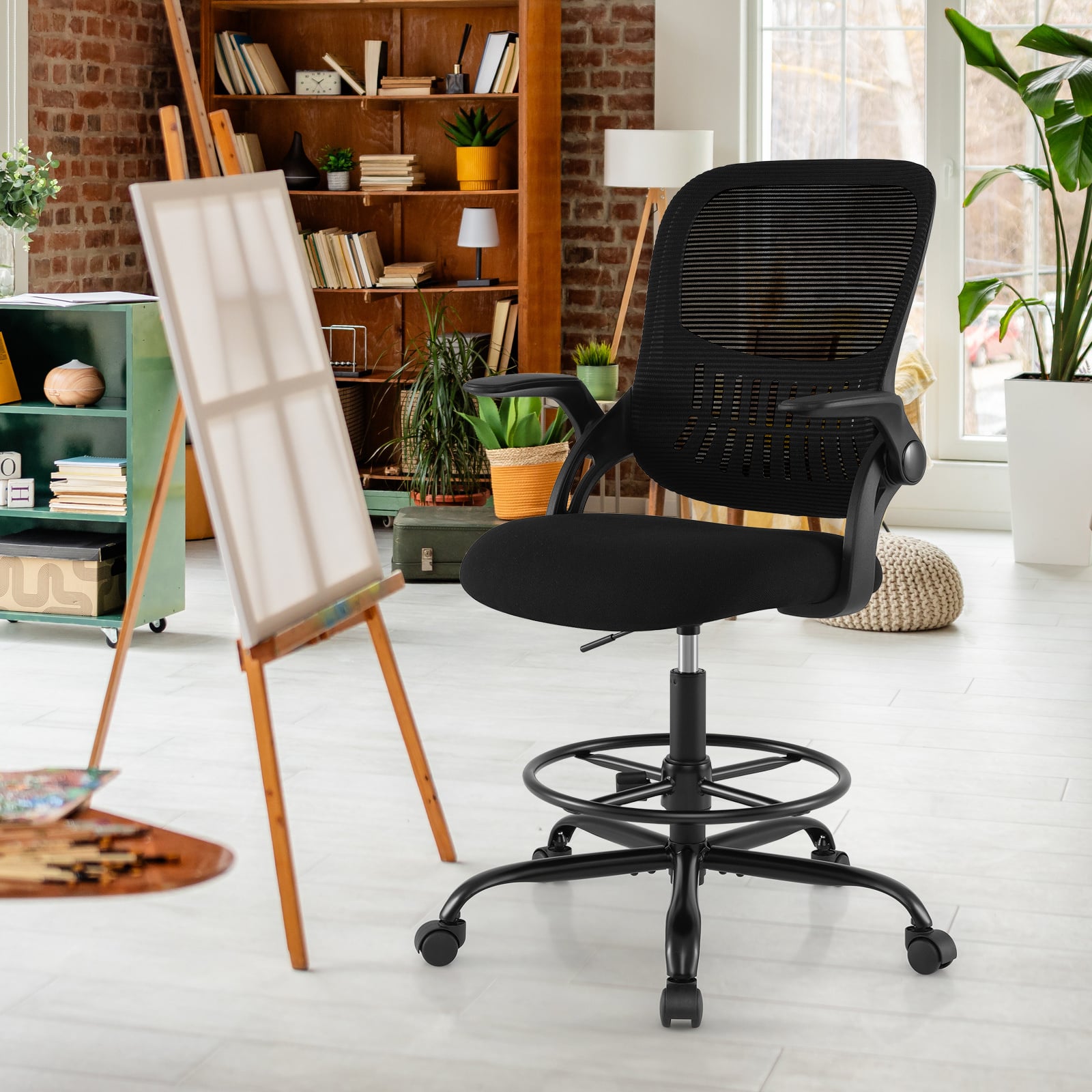 Drafting Chair Tall Mesh Swivel Task Chair with Flip Up Armrests and Adjustable Footrest Ring-Black