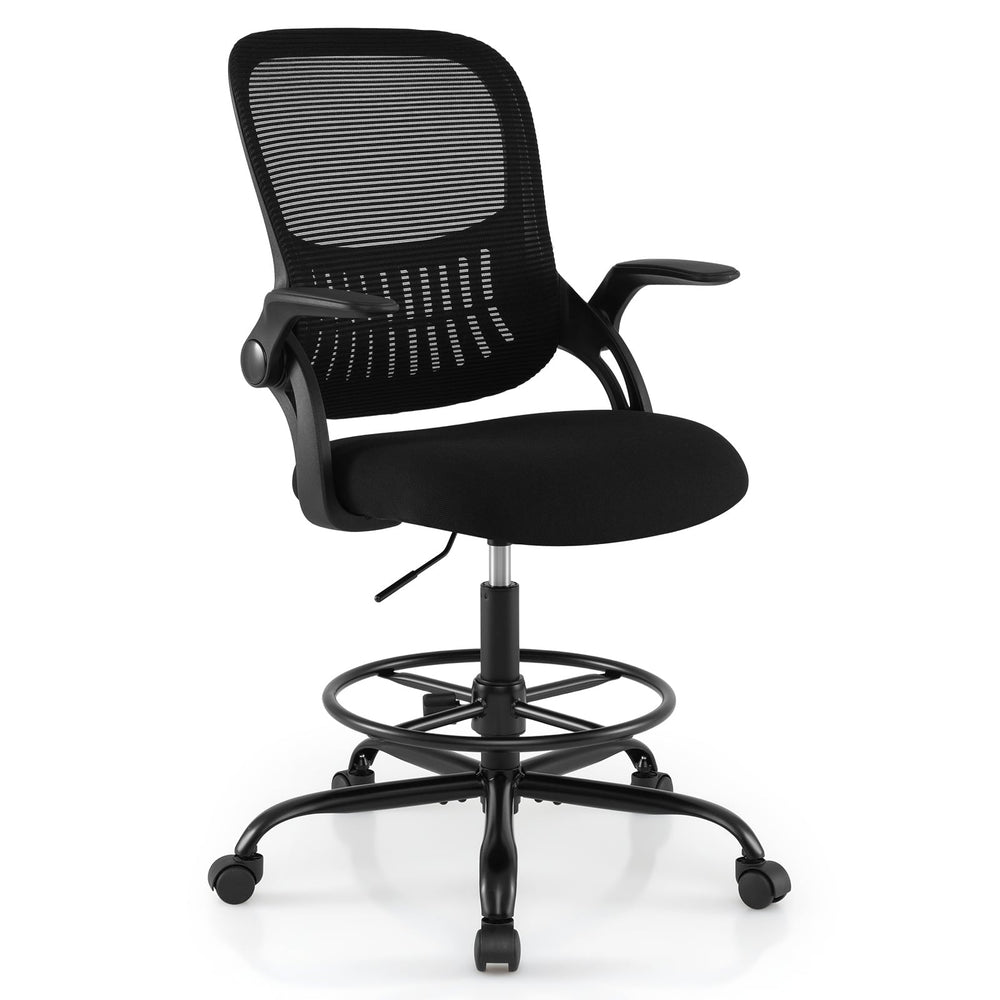 Drafting Chair Tall Mesh Swivel Task Chair with Flip Up Armrests and Adjustable Footrest Ring-Black