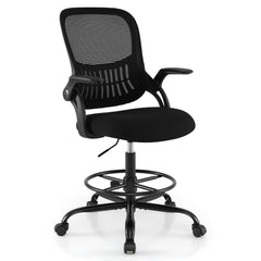Drafting Chair Tall Mesh Swivel Task Chair with Flip Up Armrests and Adjustable Footrest Ring-Black
