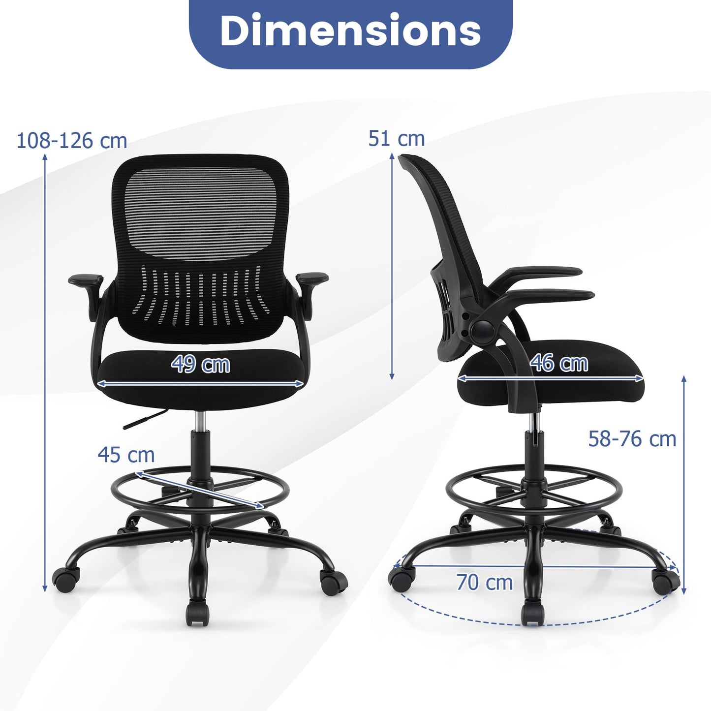 Drafting Chair Tall Mesh Swivel Task Chair with Flip Up Armrests and Adjustable Footrest Ring-Black