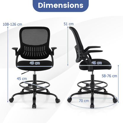 Drafting Chair Tall Mesh Swivel Task Chair with Flip Up Armrests and Adjustable Footrest Ring-Black
