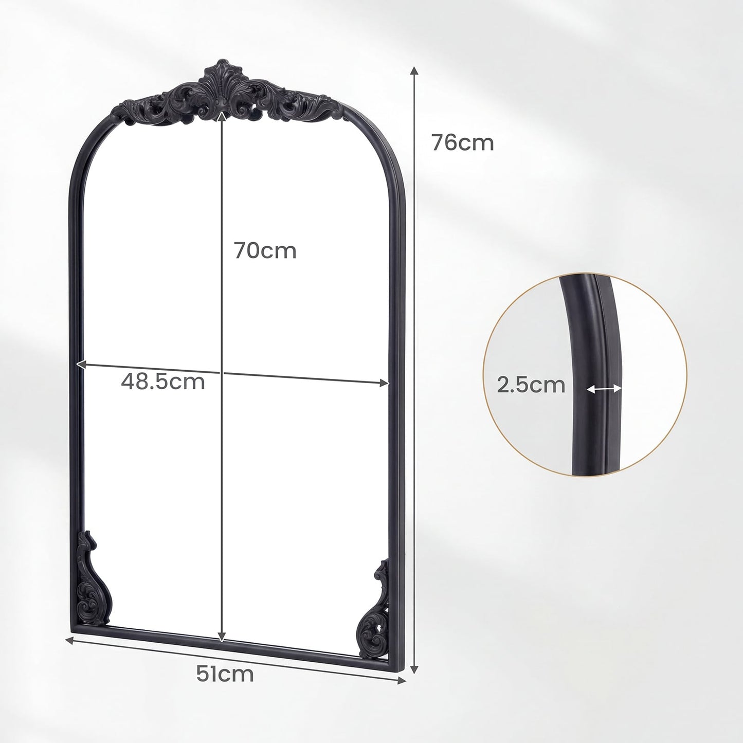 Dramatic Arched Wall Mirror with Baroque Ornate Frame-S
