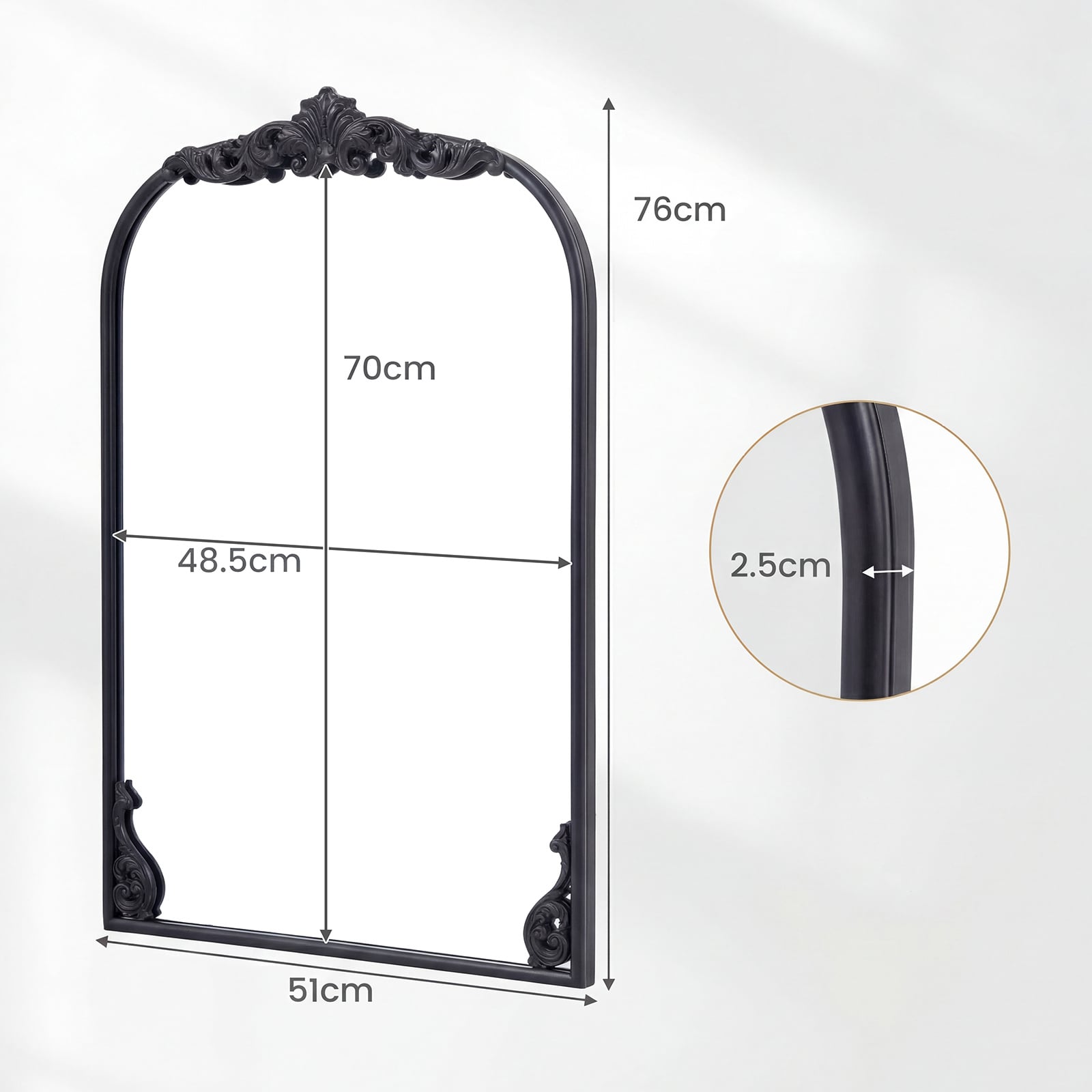 Dramatic Arched Wall Mirror with Baroque Ornate Frame-S