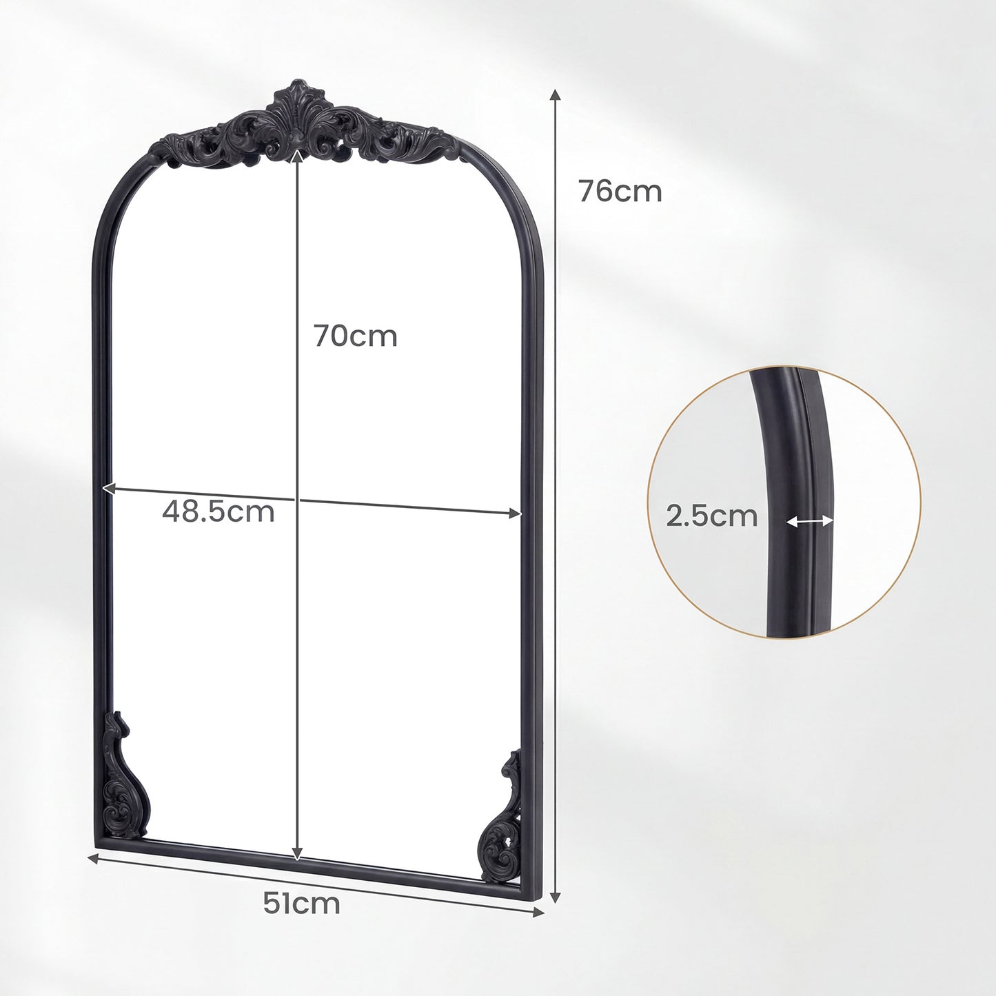 Dramatic Arched Wall Mirror with Baroque Ornate Frame-S