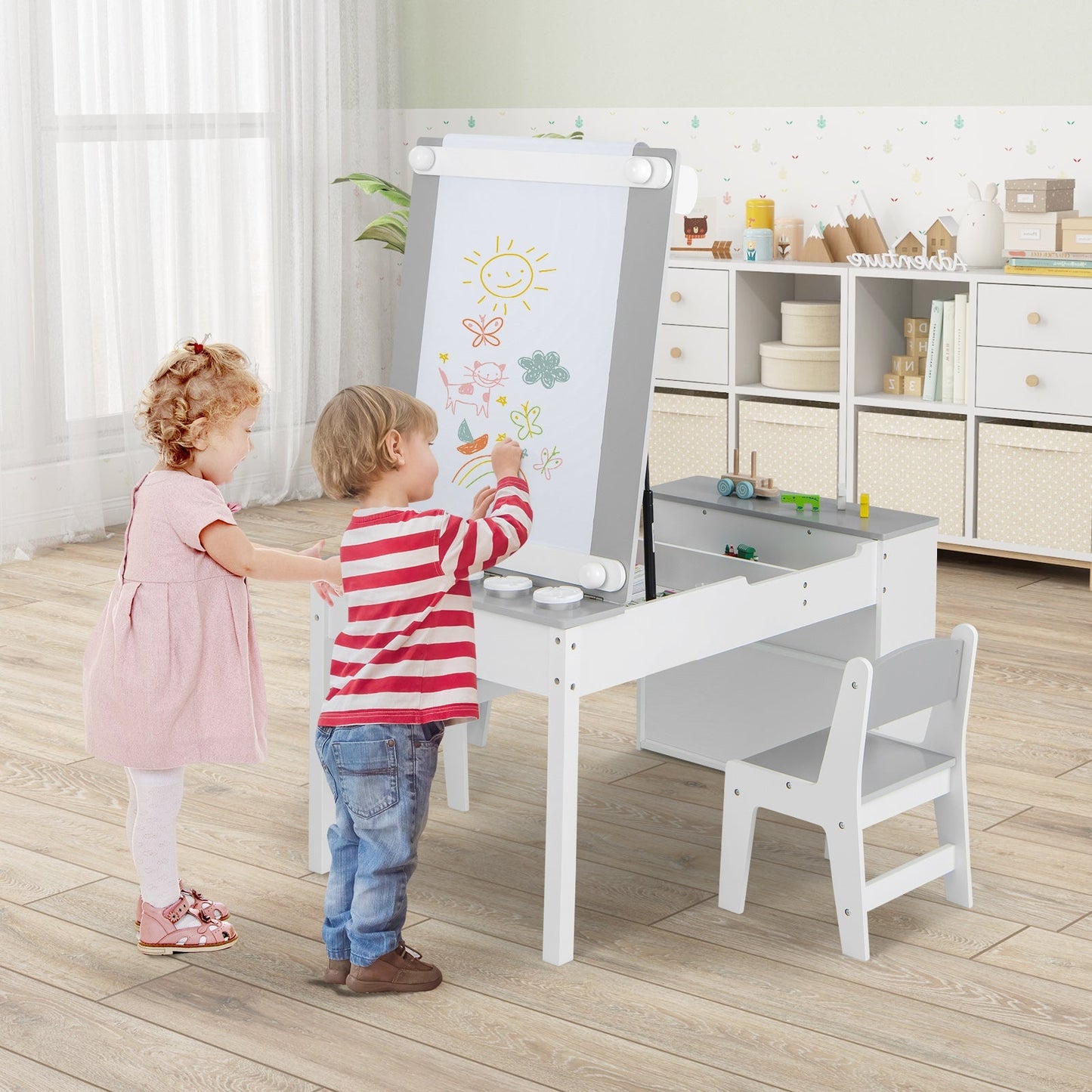 2-in-1 Kids Art Table and Art Easel Set with Chairs-Grey