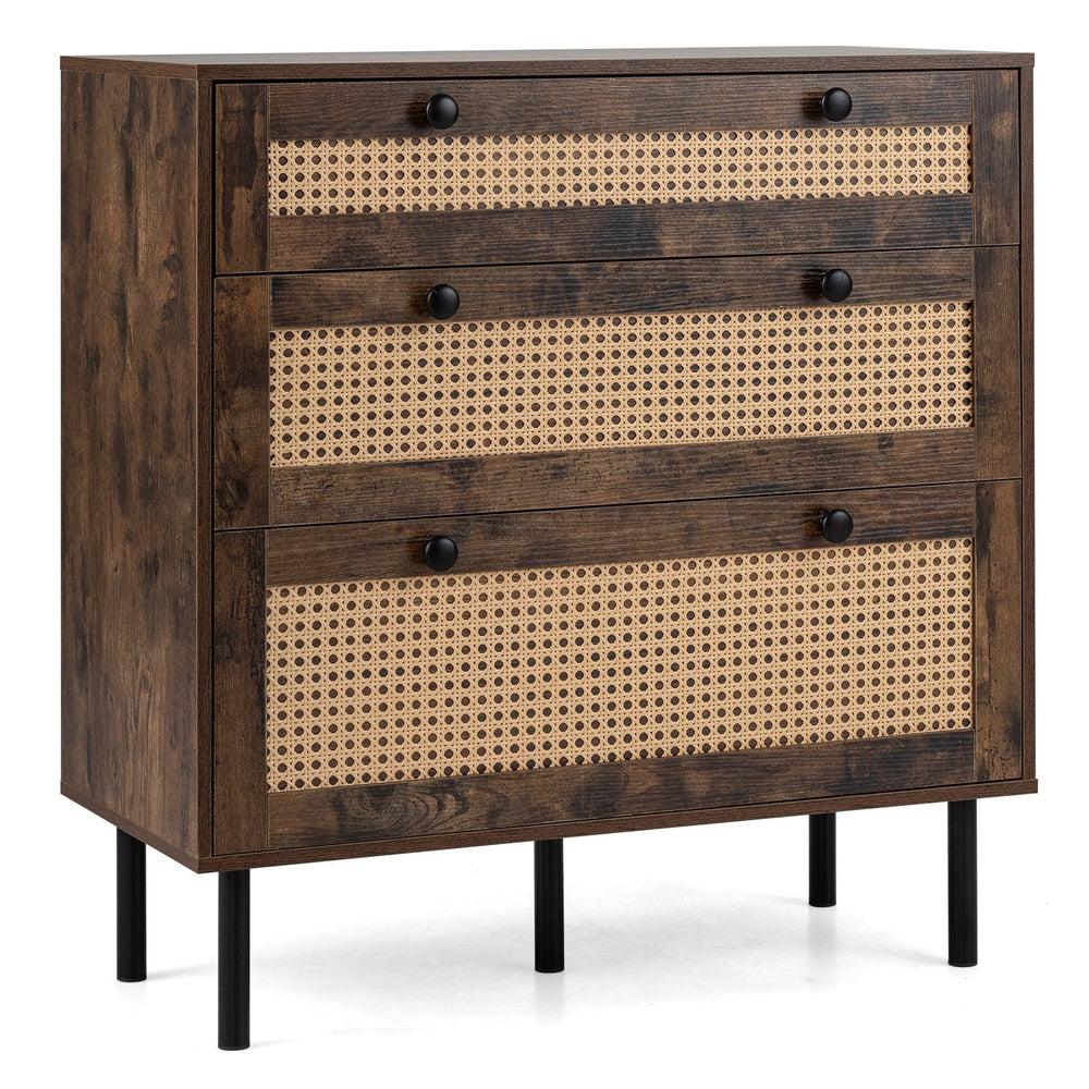 Dresser with 3 Drawers and Rattan Design and 5 Metal Legs for Bedroom-Rustic Brown