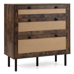 Dresser with 3 Drawers and Rattan Design and 5 Metal Legs for Bedroom-Rustic Brown