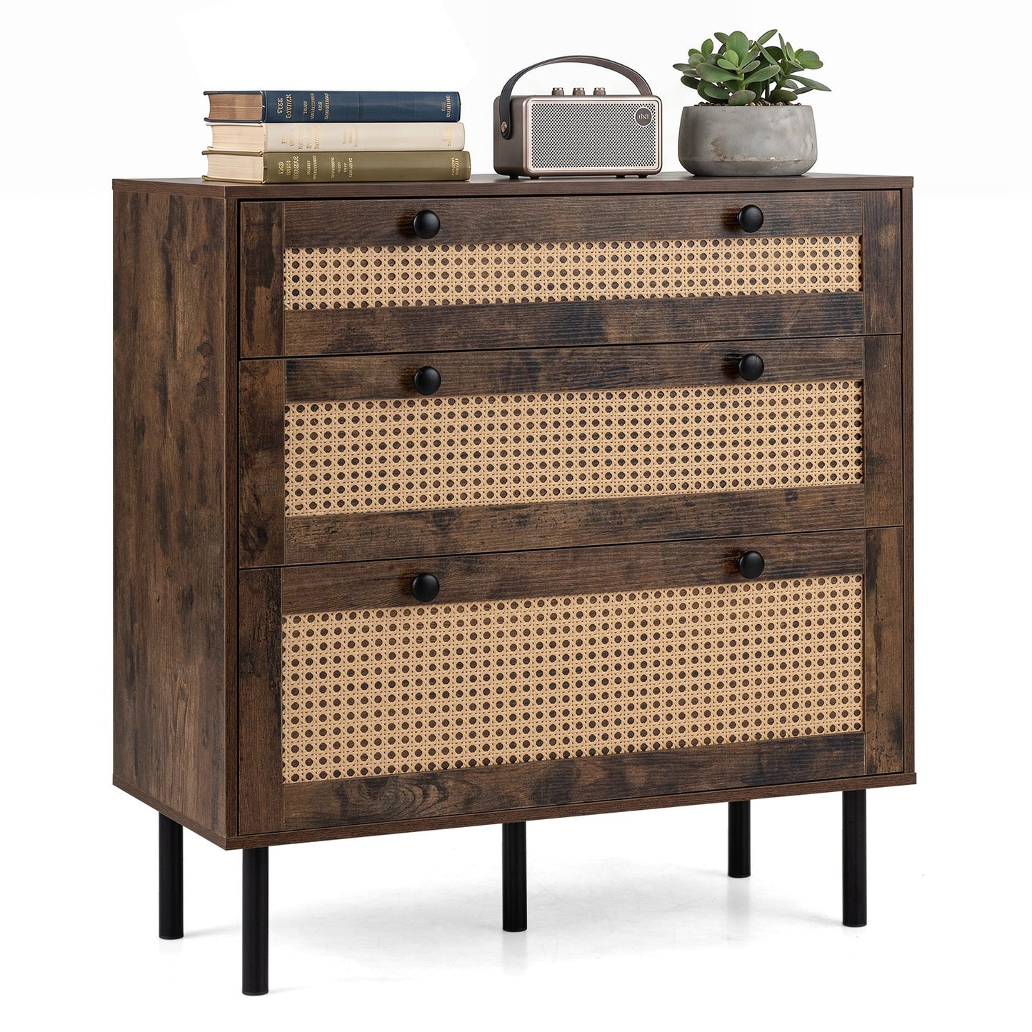 Dresser with 3 Drawers and Rattan Design and 5 Metal Legs for Bedroom-Rustic Brown