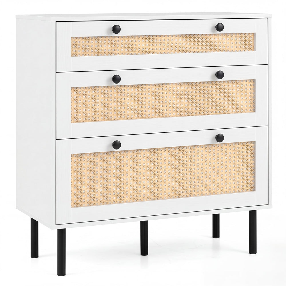 Dresser with 3 Drawers and Rattan Design and 5 Metal Legs for Bedroom-White