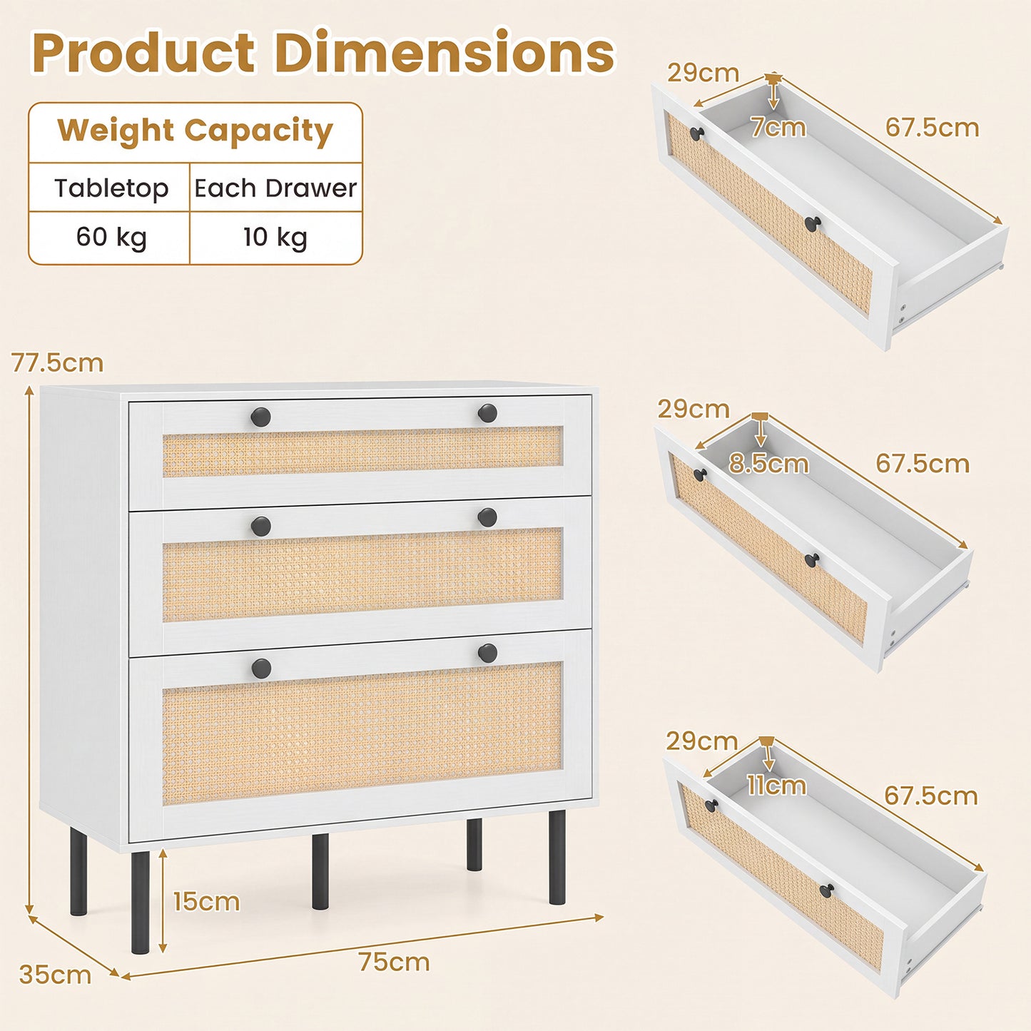 Dresser with 3 Drawers and Rattan Design and 5 Metal Legs for Bedroom-White